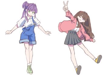 2girls absurdres alternate_costume blue_overalls brown_hair cardigan closed_mouth collared_shirt commentary fujishima_megumi full_body green_eyes green_shoes grey_skirt hair_bun hair_intakes highres link!_like!_love_live! long_hair looking_at_viewer love_live! miniskirt multiple_girls open_cardigan open_clothes otomune_kozue outstretched_arms overall_shorts overalls pink_cardigan pleated_skirt purple_hair shirt shoes short_sleeves side_ponytail sidelocks simple_background single_side_bun skirt smile split_mouth sunkeun two_side_up v very_long_hair virtual_youtuber white_background white_shirt