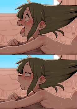 1girl 2koma absurdres ahegao bed bed_sheet blue_sky blush breasts comic completely_nude constricted_pupils crying crying_with_eyes_open day doggystyle ear_blush expressionless eyebrows female_focus from_side green_eyes green_hair hair_held_back highres igarashi_futaba implied_sex indoors loli long_hair looking_afar lying matching_hair/eyes mind_break nose nude on_bed on_stomach open_mouth profile screaming senpai_ga_uzai_kouhai_no_hanashi sex sex_from_behind sheet_grab shiromanta sky small_breasts solo source_request tearing_up tears teeth tongue tongue_out upper_body upper_teeth_only