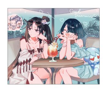 2girls :d bare_shoulders beach_umbrella bikini black_hair blue_bikini blush_stickers bracelet breasts brown_eyes chair cleavage closed_eyes cup drink drinking_glass drinking_straw earrings english_text eyewear_on_head fate/grand_order fate_(series) flower hair_over_one_eye heart imagining jewelry katagiri_(mighty_swing) lady_yu_doll long_hair mole mole_under_eye multiple_girls open_mouth shared_drink sitting smile sunglasses swimsuit table twintails umbrella white_bikini xiang_yu_(fate) xu_fu_(fate) xu_fu_(swimsuit_avenger)_(second_ascension)_(fate) yu_mei-ren_(fate) yu_mei-ren_(swimsuit_lancer)_(fate)