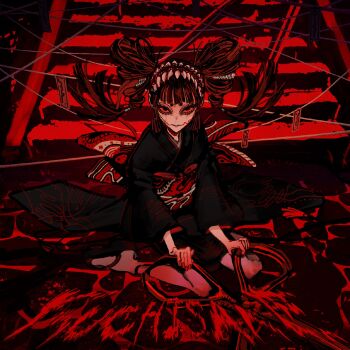 1girl black_hair black_hairband black_kimono blood blood_on_ground blood_splatter blood_writing closed_mouth drill_hair earrings eldritch_abomination hairband highres holding holding_scissors japanese_clothes jewelry kasane_teto kimono kuchisake-onna kuchisake_(synthesizer_v) long_hair long_sleeves looking_at_viewer multicolored_hair obi odori_(kyuu_saku) ofuda on_ground oversized_object red_eyes red_sash red_theme sash scissors second-party_source sitting solo song_name stairs string twin_drills two-tone_hair utau wariza
