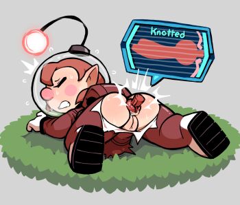 1girl 1other anal animal_penis ass bestiality bodysuit brown_hair bulge closed_eyes deep_penetration gummuru huge_penis knotted_penis knotting looking_back lying medium_hair nintendo oatchi_(pikmin) penis pikmin_(series) pikmin_4 pussy stomach_bulge surprised sweat torn_bodysuit torn_clothes x-ray