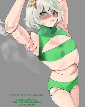 1girl armpits arms_up bikini breasts cecilia_immergreen colored_inner_hair commentary doll_joints english_commentary english_text green_bikini green_eyes green_hair grey_background grey_hair highres hololive hololive_english joints lotion lubrication medium_hair multicolored_hair small_breasts solo suggestive_fluid swimsuit virtual_youtuber yotamono