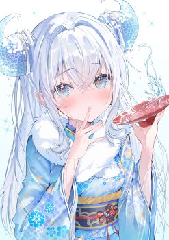 1girl absurdres alcohol blue_eyes blue_kimono blue_sash blush commentary cup double-parted_bangs english_commentary floral_print floral_print_kimono fur-trimmed_kimono fur_trim furisode hair_intakes highres holding holding_cup horns japanese_clothes kimono long_hair looking_at_viewer obi obiage obijime original parted_lips print_kimono sakazuki sake sash solo wasemkn white_hair