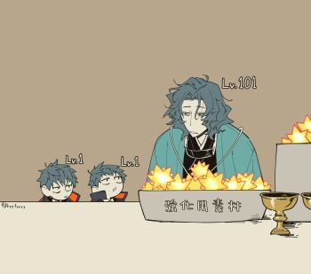 Rule 34 | 3boys, bags under eyes, black eyes, chalice, clone, commentary request, cup, fate/grand order, fate (series), gameplay mechanics, grey hair, highres, holy grail (fate), kokujin youhei, level difference, looking at another, male focus, multiple boys, parted lips, saint quartz (fate), saitou hajime (fate), saitou hajime (third ascension) (fate), short hair, translation request, twitter username