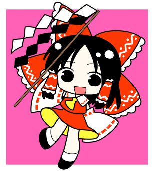 Rule 34 | 1girl, absurdres, black eyes, black hair, black shoes, chibi, collared shirt, detached sleeves, frilled hair tubes, frilled ribbon, frills, gohei, hair ornament, hair tubes, hakurei reimu, happy, highres, holding, holding gohei, holding rod, japanese clothes, long sleeves, looking at viewer, medium hair, miko, nontraditional miko, open mouth, parted bangs, pink background, red ribbon, red skirt, red vest, ribbon, rod, shide, shirt, shoes, sidelocks, simple background, skirt, sleeveless, smile, socks, touhou, two-tone background, vest, white background, white shirt, white socks, whoru, wide sleeves