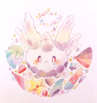 colored_pencil_(medium) commentary_request coral corsola full_body gen_1_pokemon gen_2_pokemon nintendo no_humans pokemon pokemon_(creature) red_eyes simple_background solo staryu tears traditional_media white_background yukichi_0611