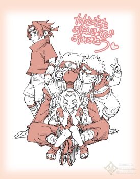 Rule 34 | 1girl, 3boys, chara no7, closed eyes, commentary request, flak jacket, forehead protector, greyscale, hairband, haruno sakura, hatake kakashi, headband, highres, indian style, jacket, konohagakure shinobi uniform, mask, monochrome, mouth mask, multiple boys, naruto (classic), naruto (series), one eye covered, open-toe shoes, open mouth, pants, sitting, sitting on lap, sitting on person, smile, team 7 (naruto), translation request, twitter username, uchiha sasuke, uzumaki naruto, watermark