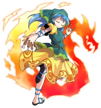 1girl alphes_(style) arm_ribbon between_fingers blue_hair blue_ribbon chisel closed_eyes closed_mouth commentary_request dairi dress facing_back facing_viewer fire full_body green_headscarf haniyasushin_keiki headscarf highres holding large_variant_set long_hair looking_at_viewer parody puffy_sleeves ribbon sandals solo standing standing_on_one_leg style_parody tachi-e tools touhou transparent_background variant_set wood_carving_tool yellow_dress