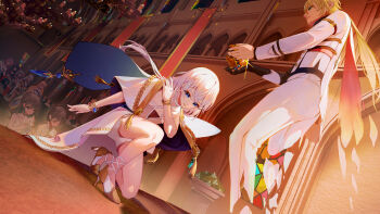 Rule 34 | 2girls, 6+girls, absurdres, blonde hair, blue eyes, bronya zaychik, bronya zaychik (drive kometa), bronya zaychik (yamabuki armor), brown hair, chinese commentary, church, closed eyes, closed mouth, commentary request, crown, dress, drill hair, durandal (bright knight: excelsis) (honkai impact), durandal (honkai impact), gloves, green eyes, grey eyes, grey hair, heterochromia, high heels, highres, honkai (series), honkai impact 3rd, indoors, jacket, kiana kaslana, kiana kaslana (void drifter), multiple girls, on one knee, otto apocalypse, pants, people, purple eyes, purple hair, qingshimangxue, raiden mei, raiden mei (herrscher of thunder), rita rossweisse, rita rossweisse (argent knight: artemis), single glove, theresa apocalypse, twin drills, white dress, white hair, white jacket, white pants