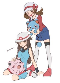 2girls blue_overalls blue_shirt bow brown_hair gen_1_pokemon gen_2_pokemon hat hat_bow highres holding holding_pokemon jigglypuff leaf_(pokemon) lyra_(pokemon) marill multiple_girls newsboy_cap nintendo overalls pokemon pokemon_(creature) pokemon_frlg pokemon_hgss porkpie_hat red_skirt shirt skirt sleeveless sleeveless_shirt white_background white_hat wristband x670080
