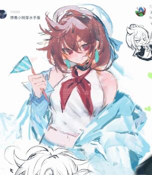 1girl ayase_momo bare_shoulders black_choker blue_jacket breasts brown_eyes brown_hair choker dandadan de557777 earrings flag hair_between_eyes hat highres holding holding_flag jacket jacket_partially_removed jewelry medium_breasts medium_hair neckerchief parted_lips red_neckerchief sailor_hat shirt sketch sleeveless sleeveless_shirt smile solo teeth upper_body white_hat white_shirt