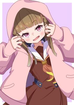 1girl :d anyoji_hime blunt_bangs border borrowed_clothes commentary_request cowboy_shot dress hasu_no_sora_school_uniform highres hood hood_up hooded_jacket jacket kachimachi_kosuzu link!_like!_love_live! long_sleeves looking_at_viewer love_live! neckerchief open_clothes open_jacket open_mouth outside_border pink_eyes pink_jacket pleated_dress pocket purple_background sailor_collar sailor_dress school_uniform simple_background sleeves_past_wrists smile solo tange_murasaki virtual_youtuber white_border white_sailor_collar winter_uniform yellow_neckerchief