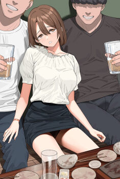 1girl 2boys a1_(initial-g) black_panties black_pants black_shirt black_skirt character_request chopsticks copyright_request cup drinking faceless faceless_male grin hair_between_eyes highres holding holding_cup multiple_boys panties pants pantyhose pencil_skirt plate shadow shirt short_hair short_sleeves sitting skirt smile t-shirt table teeth underwear white_shirt