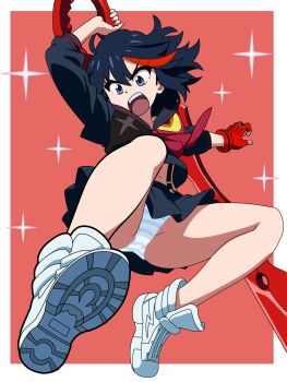 1girl 6kan angry ascot black_hair blue_eyes blue_panties border female_focus fingerless_gloves gloves highres holding holding_sword holding_weapon kill_la_kill looking_at_viewer matoi_ryuuko medium_hair midair midriff multicolored_hair navel open_mouth panties pantyshot pleated_skirt red_ascot red_background red_gloves red_hair school_uniform senketsu serafuku shoes simple_background skirt sneakers solo sparkle streaked_hair striped_clothes striped_panties suspenders sword teeth two-tone_hair two-tone_panties underwear upper_teeth_only upskirt weapon white_panties white_shoes