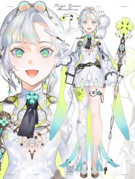 :d absurdres aqua_eyes ascot bird black_ascot book brown_shoes cape commentary_request earrings eyewear_on_head fangs floral_print gloves highres holding holding_quill holding_staff jewelry leg_ribbon mascot official_art open_mouth paige_terner parted_bangs quill ribbon round_eyewear shirt shoes shokuen_(oxstl) short_hair shorts single_glove single_leg_pantyhose smile staff symbol-shaped_pupils thigh_strap v4mirai virtual_youtuber white_cape white_gloves white_hair white_ribbon white_shirt white_shorts x-shaped_pupils