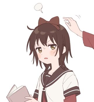 2girls black_sailor_collar book bow brown_bow brown_eyes brown_hair child commentary dress funami_yui hair_bow holding holding_book layered_sleeves long_sleeves looking_at_another multiple_girls namori nanamori_school_uniform open_mouth out_of_frame reading red_dress sailor_collar school_uniform shirt short_hair short_over_long_sleeves short_sleeves simple_background sweatdrop toshinou_kyouko white_background white_shirt yuruyuri
