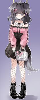 1girl absurdres alternate_costume animal_ears bag black_boots black_corset black_hair black_skirt blue_archive boots breasts cellphone collar commentary_request corset dog_ears dog_girl dog_tail fishnet_pantyhose fishnets full_body gradient_background hibiki_(blue_archive) highres holding holding_bag holding_phone jirai_kei kowa_m9 large_breasts long_hair miniskirt off-shoulder_shirt off_shoulder pantyhose phone pink_shirt pleated_skirt purple_background purple_collar purple_eyes shirt skirt smartphone solo tail white_bag
