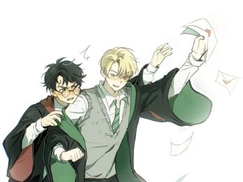 2boys angry annoyed arm_up ashaoguant60501 black_hair black_robe blonde_hair blush collar draco_malfoy envelope eyebrows_hidden_by_hair glasses green_eyes grey_eyes harry_potter harry_potter_(series) hogwarts_school_uniform holding holding_letter letter lightning_bolt_symbol long_sleeves looking_at_another male_focus multiple_boys necktie parted_lips robe scar scar_on_face scar_on_forehead school_uniform shirt short_hair simple_background slytherin striped_necktie sweater_vest teasing teeth upper_body upper_teeth_only vest white_background white_shirt wing_collar wizarding_world