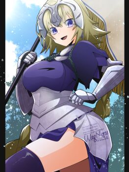 1girl armor armored_dress blonde_hair blue_eyes blush braid braided_ponytail breasts capelet chain collar dress fate/apocrypha fate_(series) faulds flag gauntlets headpiece highres jeanne_d&#039;arc_(fate) jeanne_d&#039;arc_(ruler)_(fate) large_breasts long_hair looking_at_viewer metal_collar open_mouth plackart polearm purple_capelet purple_dress purple_thighhighs smile solo thighhighs thighs very_long_hair wagu_neru weapon