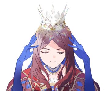 1girl arms_up blue_gloves blue_hair brown_hair brown_shirt cape closed_eyes closed_mouth colored_inner_hair commentary crown detached_collar elbow_gloves eyelashes facing_viewer fate/grand_order fate_(series) gloves grand_servant_(fate/grand_order) highres leonardo_da_vinci_(caster)_(fate) leonardo_da_vinci_(fate) long_hair multicolored_hair parted_hair pointed_crown puff_and_slash_sleeves puffy_short_sleeves puffy_sleeves red_cape shirt short_sleeves simple_background smile solo straight-on upper_body wani_(mezo) white_background