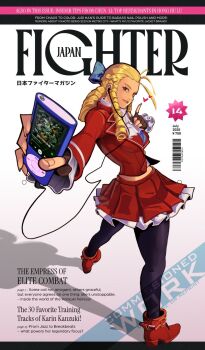 Rule 34 | 1girl, black pantyhose, blonde hair, brown gloves, drill hair, earbuds, earphones, fingerless gloves, gloves, highres, kanzuki karin, kupdoodles, looking at viewer, looking back, midriff, pantyhose, red skirt, skirt, smile, solo, street fighter, street fighter zero (series), yellow eyes