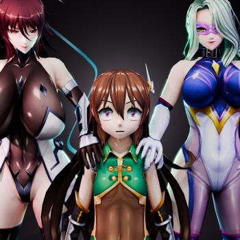 1boy 2girls 3d :&gt; :o androgynous artist_request bare_shoulders black_choker blush bobb00 bodysuit boots brown_hair carlbob_000 choker corruption covered_navel curvy domino_mask eye_mask female_pervert femdom gloves grabbing_from_behind green_hair hair_ribbon highleg highleg_leotard highres impossible_clothes impossible_leotard leotard long_hair mask mizuki_shiranui multiple_girls pervert pink_eyes revealing_clothes ribbon shiny_skin size_difference snake_lady surprised taimanin_(series) taimanin_rpgx thong_leotard trap uehara_shikanosuke very_long_hair you_gonna_get_raped