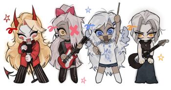 4girls angel angel_wings blonde_hair blue_eyes blush_stickers charlie_morningstar dark-skinned_female dark_skin demon_girl demon_horns demon_tail electric_guitar emily_(hazbin_hotel) guitar hazbin_hotel hellaverse highres horns instrument looking_at_viewer lute_(hazbin_hotel) medium_hair multiple_girls smile tail tppiiiiqqt vaggie white_hair wings yellow_eyes