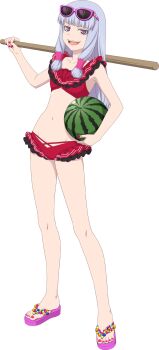 Rule 34 | 1girl, agria (midsummer girl) (tales), agria (tales), bikini, blunt bangs, eyewear on head, food, freckles, frilled bikini, frills, fruit, game cg, groin, hair rings, highres, long hair, looking at viewer, low-tied sidelocks, nail polish, navel, official alternate costume, official art, pink sandals, purple-framed eyewear, purple eyes, purple sandals, red nails, sandals, sidelocks, smile, solo, stick, sunglasses, swimsuit, tales of (series), tales of asteria, tales of the rays, tales of xillia, transparent background, watermelon, white hair