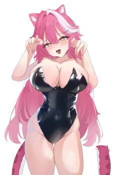 1girl absurdres alternate_costume animal_ears black_leotard breasts cat_ears cat_girl cleavage highres hololive hololive_english large_breasts leotard long_hair looking_at_viewer multicolored_hair open_mouth pink_hair playboy_bunny raora_panthera sasaki_ikuya solo streaked_hair very_long_hair virtual_youtuber white_streaks yellow_eyes
