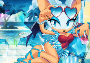 1girl absurdres beach blue_eyes blue_eyeshadow blue_sky bracelet breasts cleavage cloud cloudy_sky drawloverlala eyeshadow eyewear_on_head furry furry_female glass heart heart-shaped_eyewear high_heels highres innertube jewelry large_breasts makeup ocean one-piece_swimsuit outdoors palm_tree pearl_bracelet pool poolside reclining red_one-piece_swimsuit rouge_the_bat sky smile solo sonic_(series) summer sunglasses swim_ring swimsuit tree