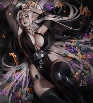 1girl aleriia_v arkilia_(aleriia_v) artist_name black_dress black_gem black_lips black_nails breasts cleavage commentary detached_sleeves dress ear_piercing earrings fingernails flower gem grass grey_eyes halo highres jewelry large_breasts long_hair looking_at_viewer lying on_back original parted_lips patreon_username pelvic_curtain piercing pointy_ears rose sharp_fingernails skindentation solo teeth thighhighs veins veiny_breasts very_long_hair watermark web_address white_hair wide_sleeves