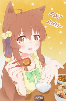 1girl absurdres animal_ears bow bowtie breasts brown_eyes brown_hair eating food fox_ears fox_girl fox_tail hair_ribbon highres incoming_food kitsune long_hair ribbon sewayaki_kitsune_no_senko-san simple_background sizuimikoto small_breasts smile tail yellow_background
