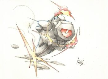colored_sclera commentary_request fire full_body gen_8_pokemon heat_crash_(pokemon) inori_(pokemoart) nintendo no_humans one-eyed pokemon pokemon_(creature) pokemon_focus pokemon_move red_sclera rolycoly signature simple_background smoke solo traditional_media white_background white_eyes