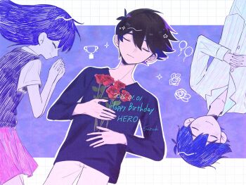 Rule 34 | 1girl, 2boys, antenna hair, artist name, blue pajamas, blue sweater, blush, brown hair, closed eyes, closed mouth, collarbone, collared pajamas, collared shirt, colored skin, commentary, commentary request, dark-skinned male, dark skin, dated, double-parted bangs, dual persona, ear piercing, english commentary, english text, flower, grey pants, hair between eyes, happy birthday, hero (faraway) (omori), hero (headspace) (omori), hero (omori), highres, holding, holding flower, interlocked fingers, long hair, long sleeves, mixed-language commentary, multiple boys, omori, pajamas, pants, piercing, purple hair, purple sweater vest, red flower, red rose, red skirt, rose, satsuki 1243, shirt, short hair, short sleeves, skirt, smile, striped clothes, striped pajamas, sweater, sweater vest, two-tone pajamas, vertical-striped clothes, vertical-striped pajamas, white pajamas, white shirt, white skin