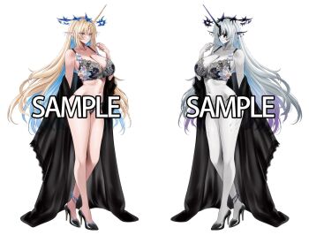 Rule 34 | 2girls, bare shoulders, black bra, black panties, black robe, black shoes, blonde hair, blue eyes, blue hair, blue nails, blush, bra, breasts, chinese commentary, cleavage, closed mouth, clothes down, collarbone, colored skin, commentary request, covered eyes, dark persona, dual persona, earrings, fingernails, fins, fleurdelys (wuthering waves), floating earrings, grey background, grey hair, grey skin, hand up, head fins, high heels, highres, horns, huge breasts, jewelry, leviathan (wuthering waves), long hair, long horns, m (1n910), multiple girls, nail polish, navel, open clothes, open robe, panties, pointy ears, purple horns, robe, sample watermark, shoes, sidelocks, simple background, single horn, smile, stomach, thighs, twitter username, underwear, very long hair, watermark, white background, wuthering waves, yellow horns