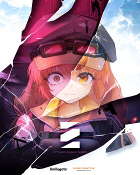 1girl beryl_(chaos_zero_nightmare) black_hat chaos_zero_nightmare collared_shirt commentary company_name crack cropped_torso crying crying_with_eyes_open english_commentary fang goggles goggles_on_headwear hat highres logo long_hair long_sleeves looking_at_viewer official_art orange_eyes portrait shirt skin_fang smile solo split_theme stress tears tears_from_one_eye watermark