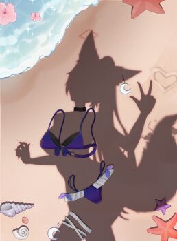 1girl absurdres animal_ears beach bikini drawing_on_sand dressed_shadow_(meme) female_pov fox_ears fox_girl fox_tail from_above highres implied_nudity indie_virtual_youtuber meme mysticlight_(vtuber) naya_moonfang outdoors pov pov_shadow sand shadow silhouette swimsuit tail unworn_bikini unworn_bikini_bottom unworn_bikini_top unworn_clothes v virtual_youtuber water