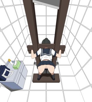 1girl absurdres bag decapitation e50gun execution exhibitionism guillotine guro highres imminent_death long_hair no_panties original ponytail public_indecency pussy school_bag school_uniform serafuku shoes socks tile_floor tile_wall tiles tissue_box