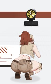 1girl 2025 absurdres alternate_breast_size_(larger) ass ass_focus backboob bare_shoulders belt boots breasts brown_boots brown_hair brown_hat brown_shoes brown_shorts bullpup commentary crop_top crossover dos_dual english_commentary fio_germi from_behind full_body gameplay_mechanics glasses goddess_of_victory:_nikke gun hat highres holding holding_gun holding_weapon huge_ass huge_breasts metal_slug open_mouth rifle scope shadow shoes short_shorts shorts simple_background solo squatting target walkie-talkie weapon white_background wristband