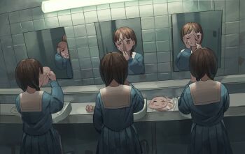 3girls black_hair blue_serafuku blue_skirt female_focus fluorescent_lamp looking_at_mirror low_twin_braids mirror multiple_girls original pleated_skirt reflection public_restroom school_uniform serafuku sink skirt tensen_(dotted_line) tile_wall tiles twin_braids wall_lamp what