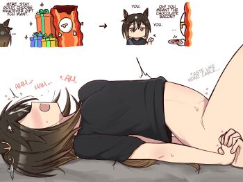 1boy 1girl animal_ears arrow_(symbol) bacon black_hair black_shirt box breasts brown_eyes brown_hair casual commentary cunnilingus ear_covers english_commentary food food_costume gift gift_box hair_between_eyes heart highres holding holding_hands holding_plate horse_ears horse_girl implied_cunnilingus johnholl0w long_hair multicolored_hair oral plate pointing pointing_at_another shirt stay_gold_(casual)_(umamusume) stay_gold_(umamusume) streaked_hair t-head_trainer_(umamusume) trainer_(umamusume) umamusume white_hair