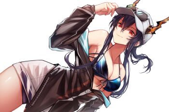 Rule 34 | 1girl, absurdres, adjusting clothes, adjusting headwear, arknights, bare shoulders, baseball cap, bikini, bikini under clothes, black bikini, black jacket, blue bikini, blue hair, breasts, ch'en (arknights), cleavage, closed mouth, collarbone, commentary request, cowboy shot, dragon horns, eyewear on headwear, front-tie bikini top, front-tie top, hair between eyes, halterneck, hand on headwear, hat, highres, horns, horns through headwear, jacket, large breasts, long hair, long sleeves, looking at viewer, off shoulder, official alternate costume, open clothes, open jacket, paszuto, red eyes, shorts, sidelocks, smile, solo, sunglasses, swimsuit, thighs, transparent background, white hat