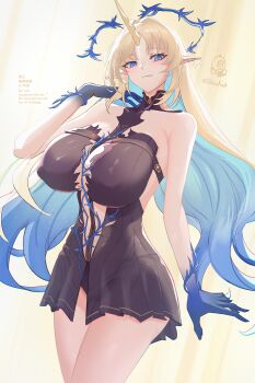 1girl absurdres bare_shoulders black_collar black_dress blonde_hair blue_eyes blue_hands breasts closed_mouth collar commentary_request covered_erect_nipples crown crown_of_thorns dress earrings fleurdelys_(wuthering_waves) floating_crown floating_earrings highres horns jewelry large_breasts long_horns partial_commentary pointy_ears shiro_font simple_background single_horn solo wuthering_waves yellow_horns