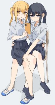 2girls absurdres black_hair black_skirt black_socks blonde_hair blush cellphone collared_shirt commentary_request grey_background hand_on_another's_leg hand_on_another's_waist highres holding holding_phone kopaka_(karda_nui) long_hair mary_janes multiple_girls original phone pleated_skirt ponytail school_uniform shirt shoes simple_background sitting sitting_on_lap sitting_on_person skirt smartphone socks twintails white_shirt white_shoes yuri