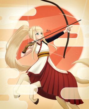Rule 34 | 1girl, :o, aiming, arm warmers, arrow (projectile), blonde hair, blue eyes, blunt bangs, bow (weapon), breasts, brown gloves, centaur, chinese zodiac, commentary request, dated, gloves, hakama, hakama skirt, holding, holding bow (weapon), holding weapon, hooves, horse tail, japanese clothes, kimono, long hair, looking up, medium breasts, monster girl, multiple legs, obi, open mouth, original, paid reward available, partially fingerless gloves, partly fingerless gloves, polaritia, ponytail, rearing, red skirt, sash, signature, single bare shoulder, single glove, skirt, sleeveless, sleeveless kimono, solo, standing, tail, taur, very long hair, weapon, white kimono, year of the horse, yellow sash, yugake, yumi (bow)