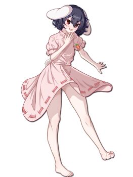 1girl :3 :d absurdres animal_ears bare_arms bare_legs barefoot black_hair blush carrot_necklace dress full_body hair_between_eyes highres inaba_tewi jewelry looking_at_viewer lop_rabbit_ears necklace open_mouth pink_dress puffy_short_sleeves puffy_sleeves rabbit_ears rabbit_girl rabbit_tail red_eyes short_hair short_sleeves simple_background smile soles solo tail toes touhou white_background zaguromaru