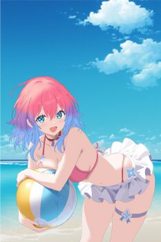 1girl :d ball bare_arms bare_shoulders beach beachball bikini bikini_skirt blue_eyes blue_hair blue_sky breast_press breasts choker cleavage cloud cowboy_shot day flower frilled_bikini frills hair_between_eyes holding_ball holding_beachball kuon_(monster_strike) leaning_forward looking_at_viewer medium_breasts monster_strike multicolored_hair navel ocean open_mouth outdoors pink_bikini purple_hair red_choker red_hair skindentation sky smile solo swimsuit thigh_strap user_upvx8835