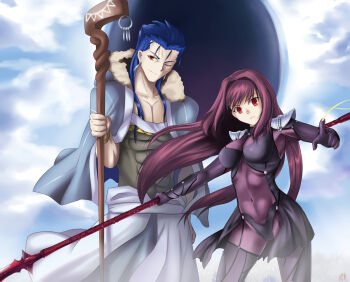 1boy 1girl akatsuki_(mp31097) armor blue_hair bodysuit breasts commentary covered_navel cu_chulainn_(caster)_(fate) cu_chulainn_(fate) fate/grand_order fate_(series) gae_bolg_(fate) large_breasts long_hair one_eye_closed pauldrons polearm purple_bodysuit purple_hair red_eyes scathach_(fate) shoulder_armor spear staff untranslatable_commentary weapon