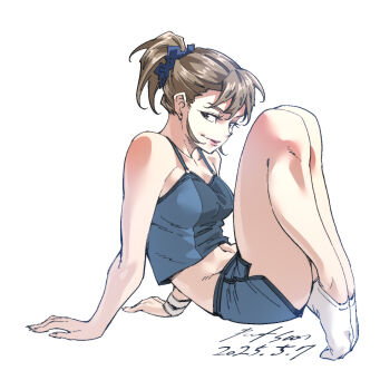 Rule 34 | 1girl, breasts, brown eyes, brown hair, camisole, crop top, dolphin shorts, full body, highres, knees up, light smile, looking at viewer, nabipenciller, navel, original, ponytail, shorts, sitting, small breasts, socks, solo