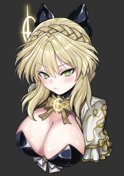 Rule 34 | 1girl, absurdres, alternate costume, black background, blonde hair, blush, bow, bowtie, braid, breasts, cleavage, closed mouth, commentary request, crown braid, elden ring, elden ring: shadow of the erdtree, great rune (elden ring), green eyes, green pupils, hair between eyes, highres, large breasts, looking at viewer, magical girl, medium hair, needle knight leda, simple background, solo, star-shaped pupils, star (symbol), symbol-shaped pupils, upper body, v-shaped eyebrows, xoo (pixiv 100957810), yellow bow, yellow bowtie